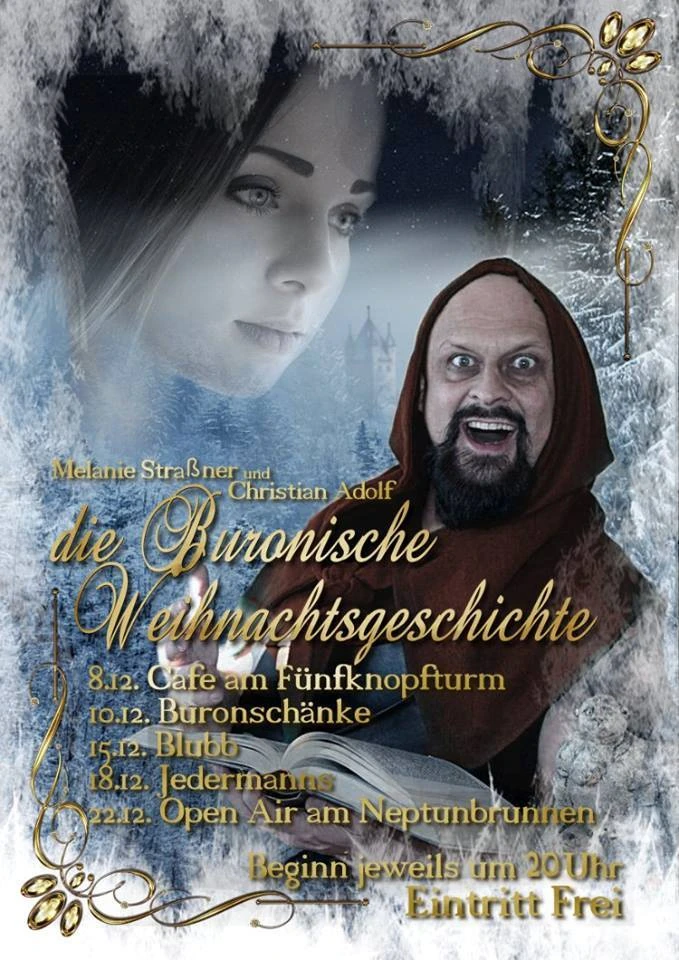 Wintermotiv mit fünf Spielterminen · Buronische Weihnachtsgeschichte