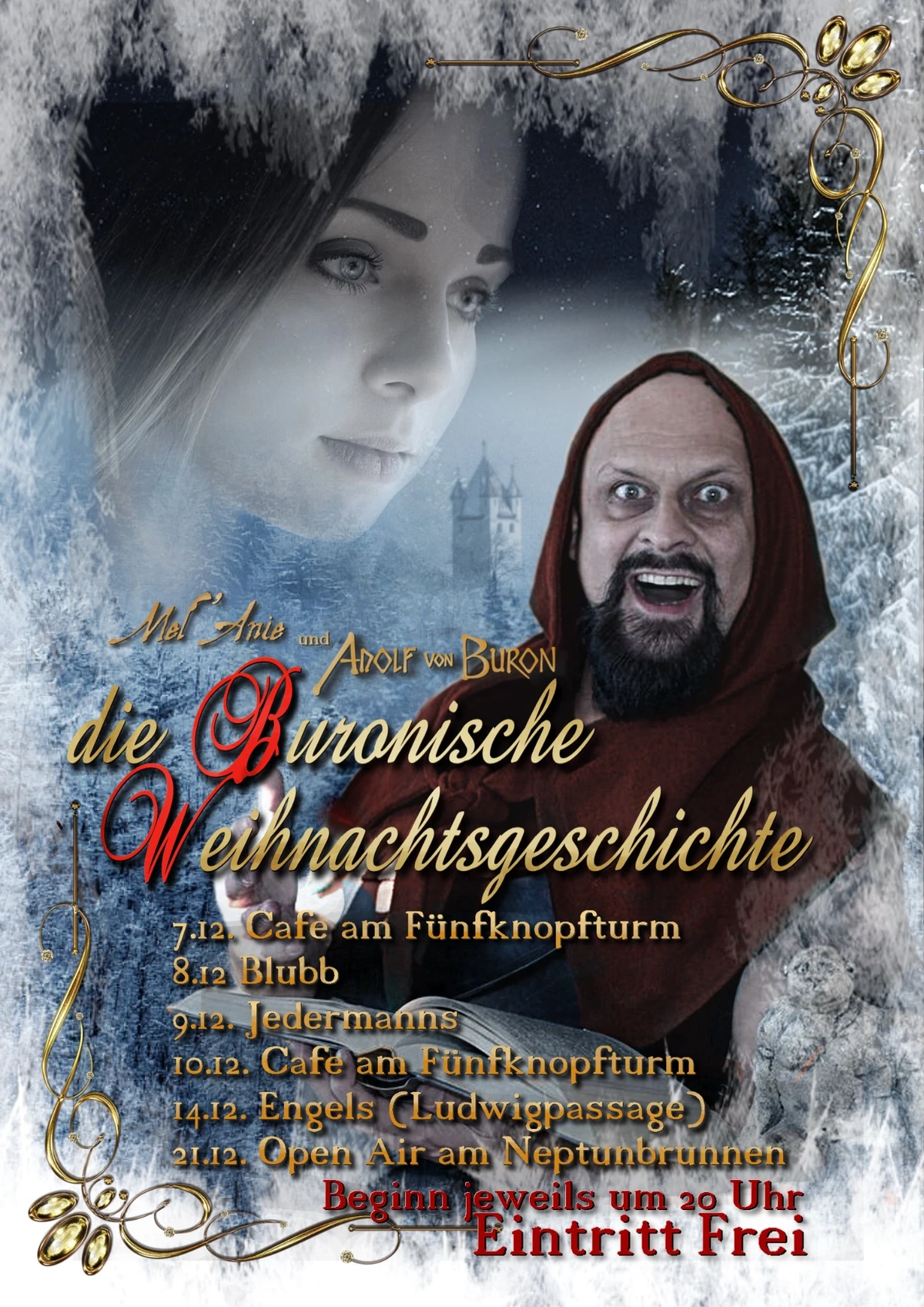 Wintermotiv mit sechs Spielterminen · Buronische Weihnachtsgeschichte
